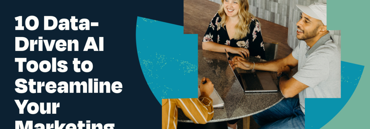Blog title '10 Data-Driven AI Tools to Streamline Your Marketing Efforts' on a graphic with two professionals working together