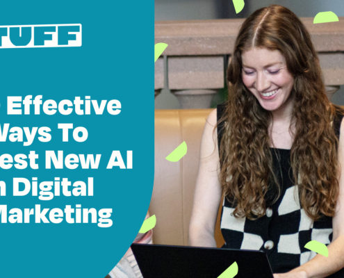 Smiling woman using laptop with blog title graphic '9 Effective Ways To Test New AI in Digital Marketing'