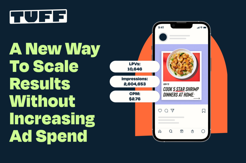 Smartphone displaying an ad for 'How to Cook 5 Star Shrimp Dinners at Home' with metrics showing a new way to scale results without increasing ad spend