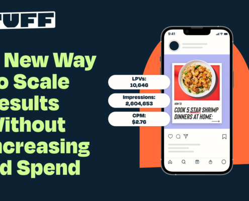 Smartphone displaying an ad for 'How to Cook 5 Star Shrimp Dinners at Home' with metrics showing a new way to scale results without increasing ad spend