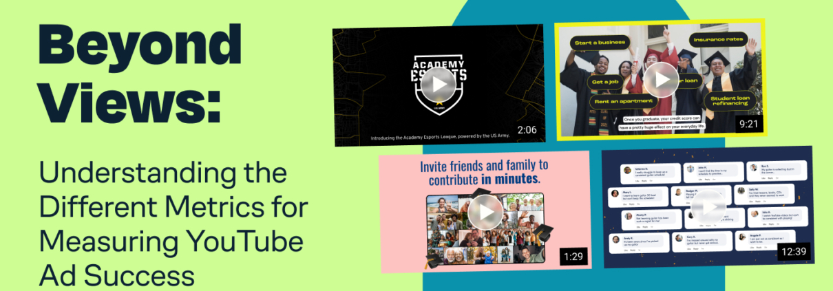 Blog title 'Beyond Views: Understanding the Different Metrics for Measuring YouTube Ad Success' with a background collage of video metrics