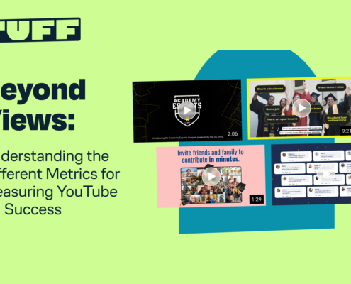 Blog title 'Beyond Views: Understanding the Different Metrics for Measuring YouTube Ad Success' with a background collage of video metrics