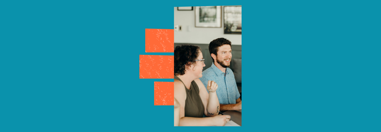 Colleagues in a collaborative session with graphic elements related to LinkedIn Document Ads