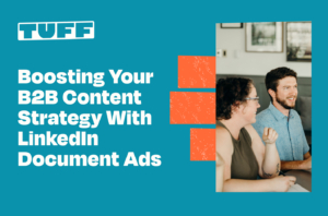 Two professionals discussing a strategy with 'Boosting Your B2B Content Strategy with LinkedIn Document Ads' title overlay