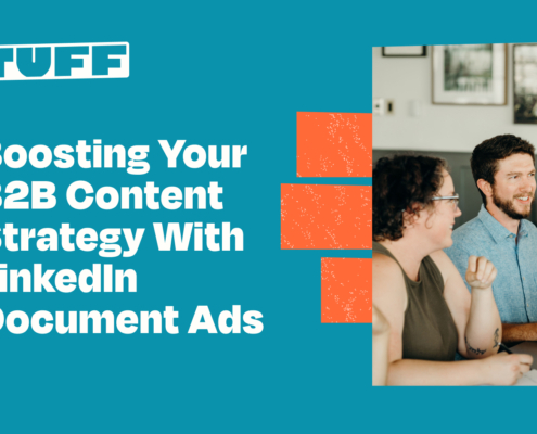 Two professionals discussing a strategy with 'Boosting Your B2B Content Strategy with LinkedIn Document Ads' title overlay