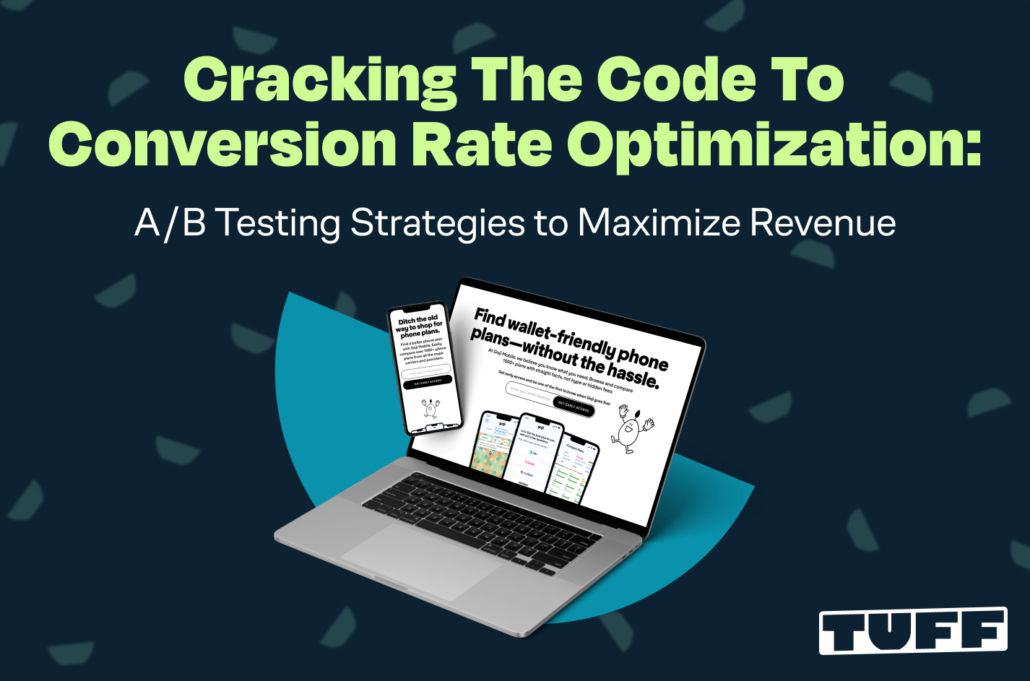 Blog title 'Cracking the Code to Conversion Rate Optimization' on a laptop screen with A/B testing display