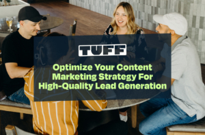 Blog title overlay 'Optimize Your Content Marketing Strategy For High-Quality Lead Generation' with a team collaboration scene in the background