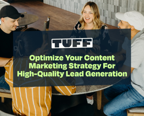 Blog title overlay 'Optimize Your Content Marketing Strategy For High-Quality Lead Generation' with a team collaboration scene in the background