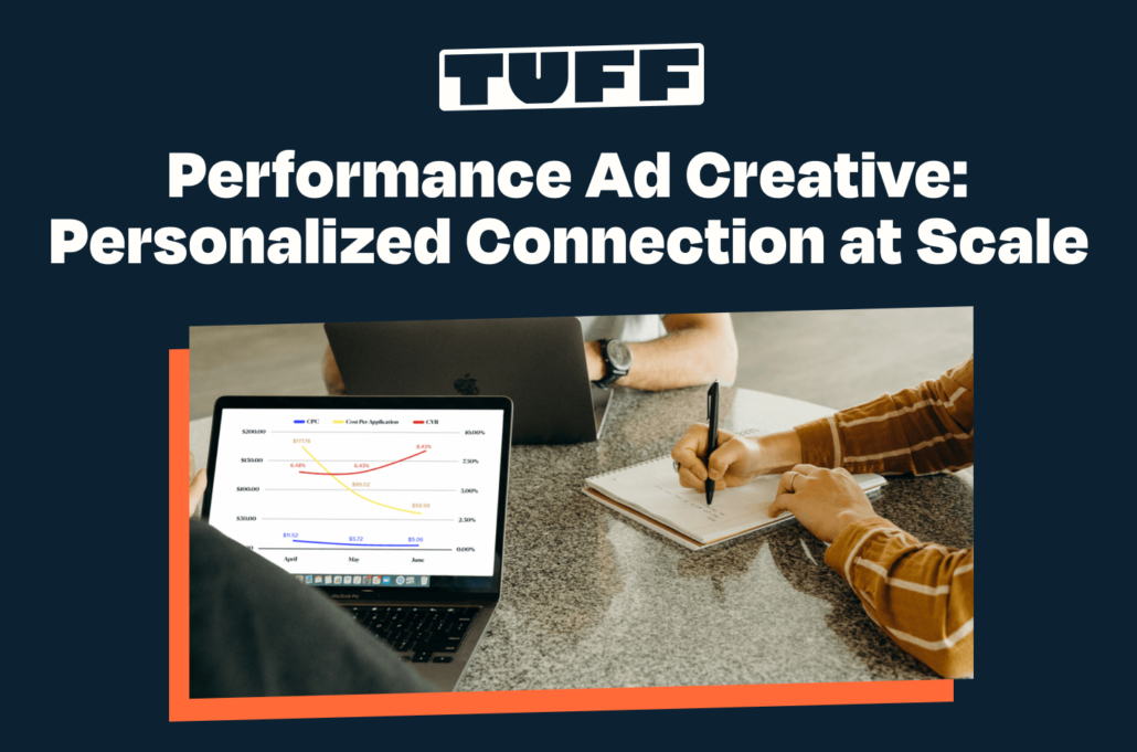 Marketing team analyzing performance data on a laptop with 'Performance Ad Creative: Personalized Connection at Scale' title overlay