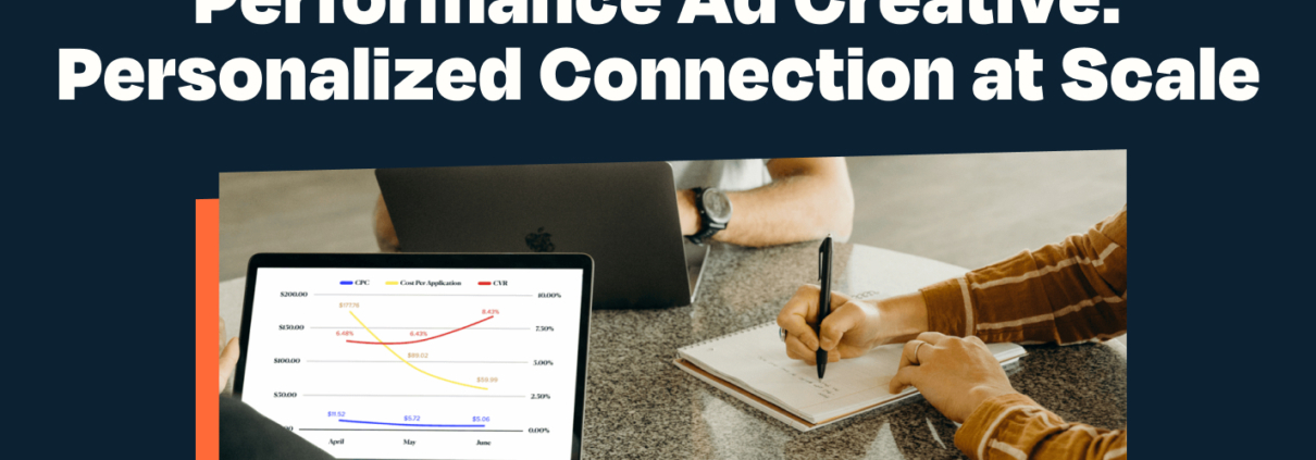 Marketing team analyzing performance data on a laptop with 'Performance Ad Creative: Personalized Connection at Scale' title overlay