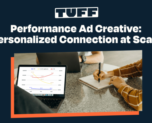 Marketing team analyzing performance data on a laptop with 'Performance Ad Creative: Personalized Connection at Scale' title overlay