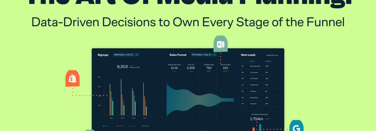 Blog title 'The Art of Media Planning: Data-Driven Decisions to Own Every Stage of the Funnel' over a detailed analytics interface