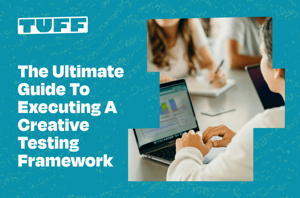 Professionals analyzing data on computer screens with 'The Ultimate Guide To Executing A Creative Testing Framework' title overlay
