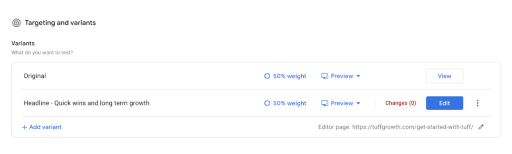 setting up a split test with google optimize