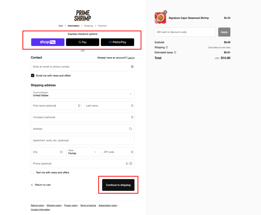 checkout options prime shrimp
