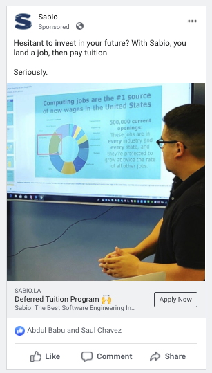 A screen capture of a Facebook ad for Sabio "Hesitant to invest in your future?"