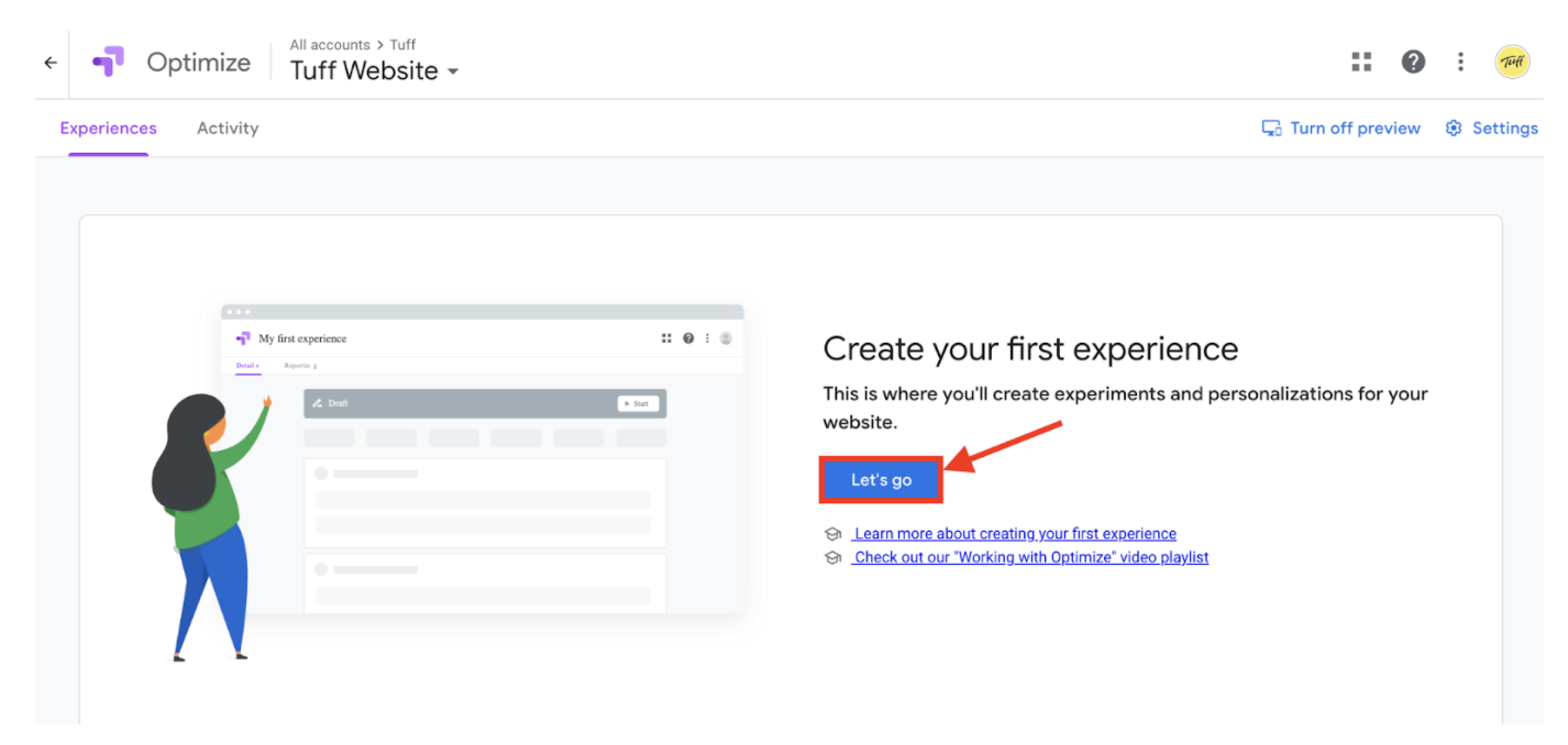 setting up a split test with google optimize