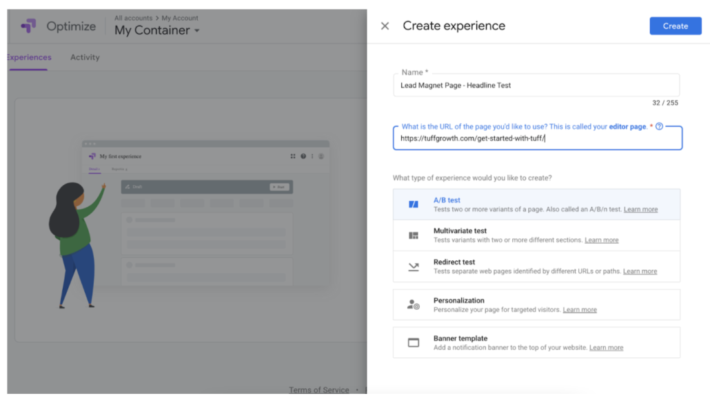 setting up a split test with google optimize
