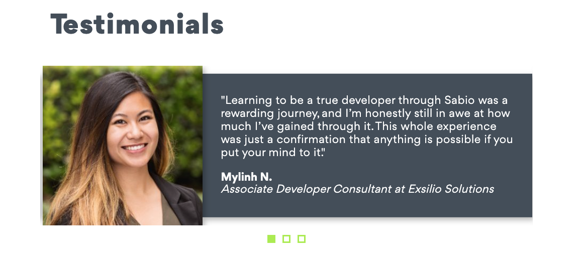 A screen capture of a Sabio alumni testimonial