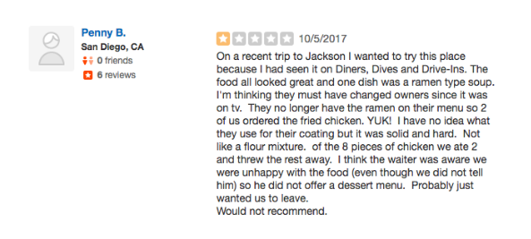 Screenshot of a Negative Yelp Review