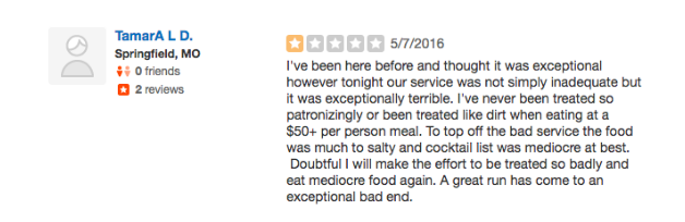 Screenshot of a negative Yelp review