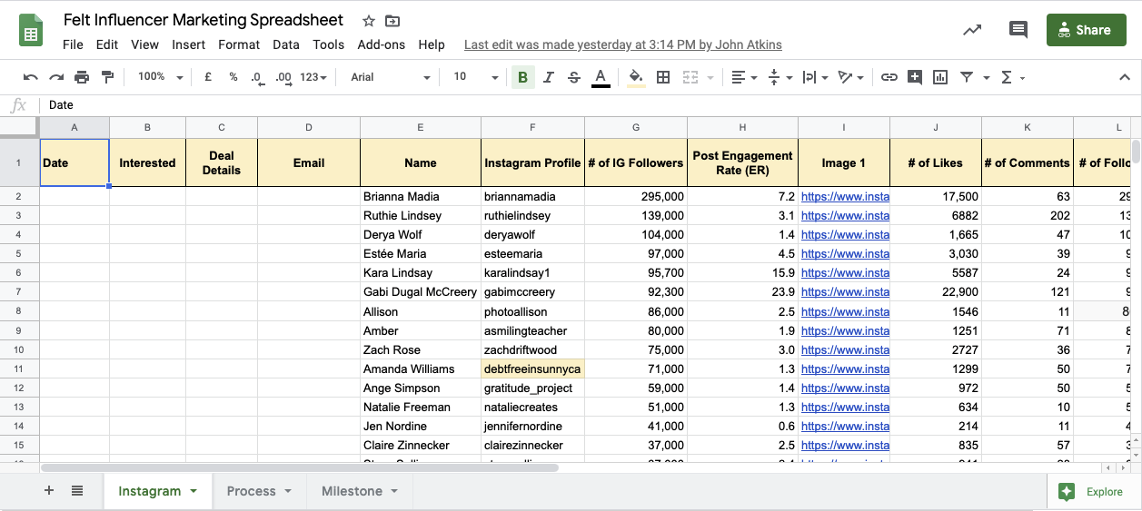 Influencer marketing spreadsheet. 