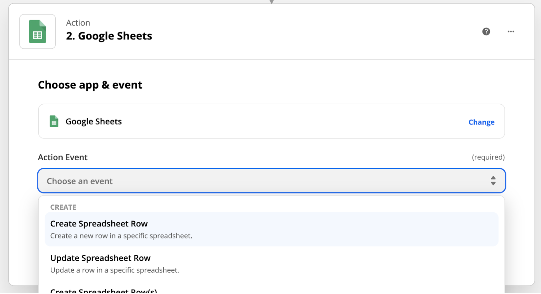 Choose your action event. For this zap, you’ll want to choose “Create Spreadsheet Row”