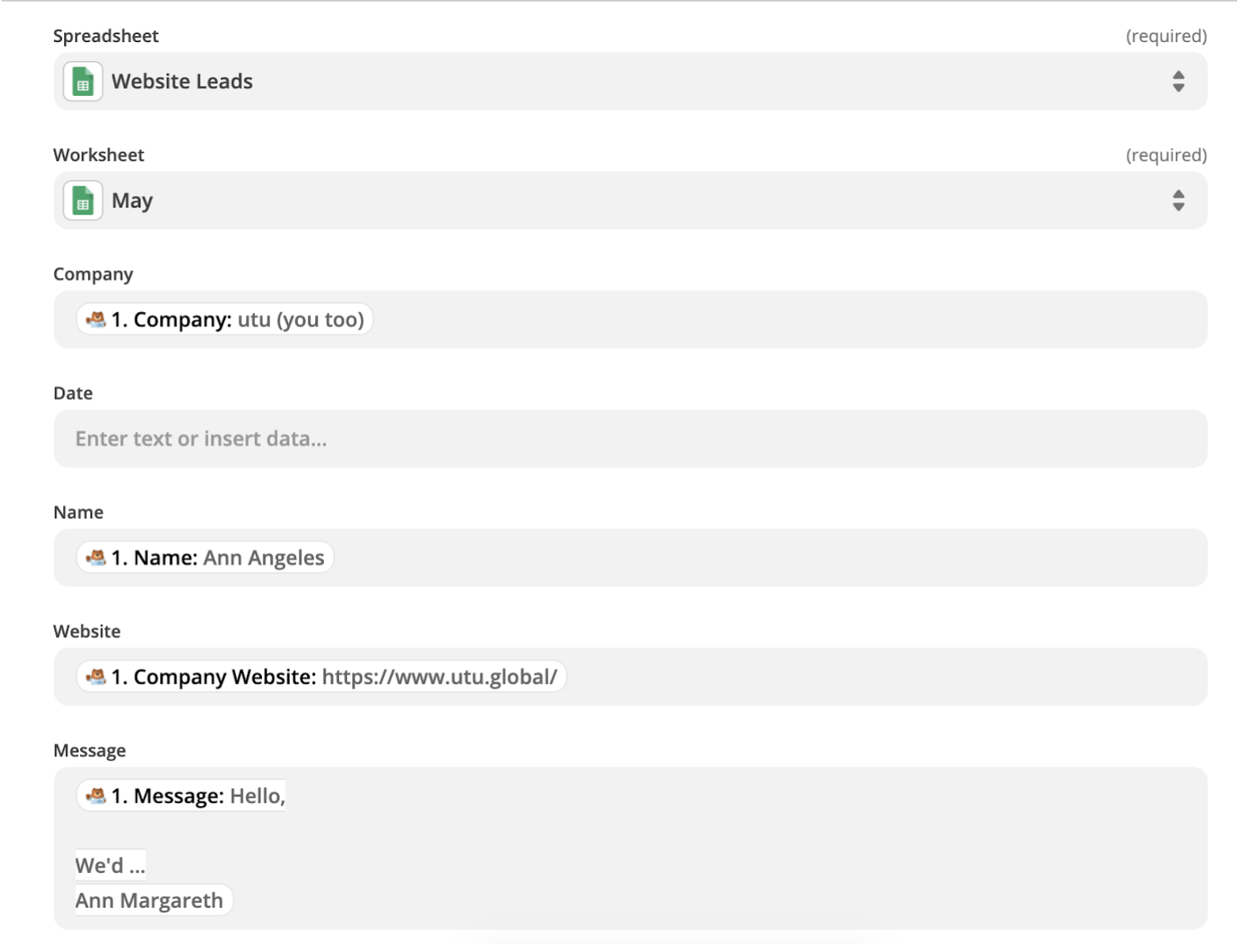 Select what information from the form goes in each header column.
