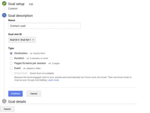 step 2 of setting up goals in google analytics