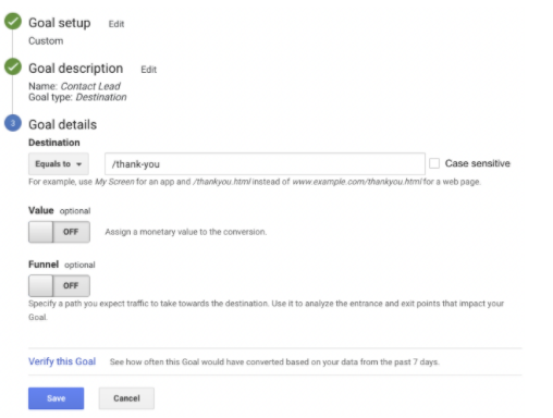 final step - setting up goals in google analytics